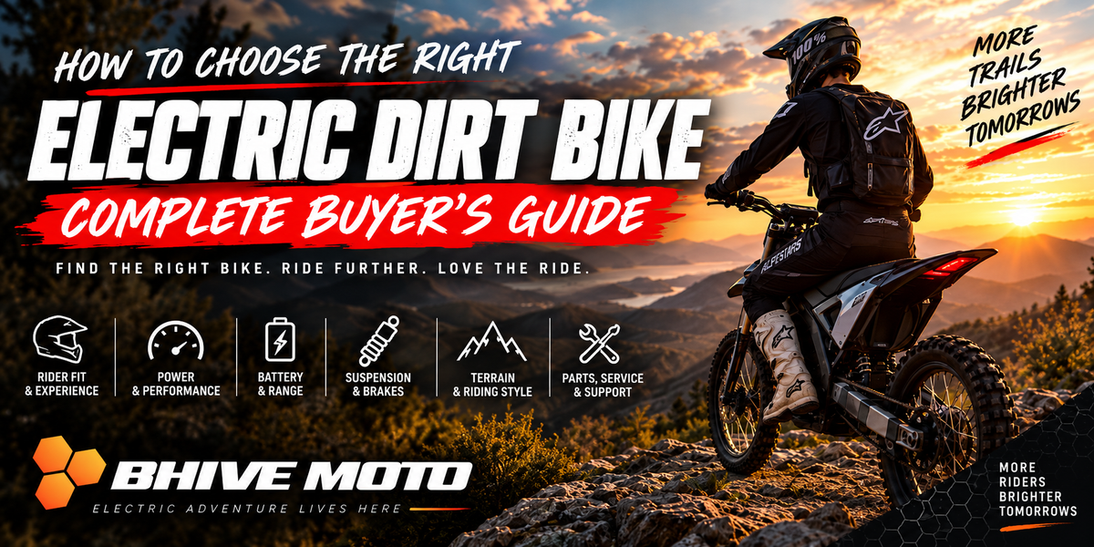 Electric dirt bike buyer’s guide showing an off-road eMoto rider and key factors for choosing the right electric dirt bike.  BHive Moto - West Jordan, Utah