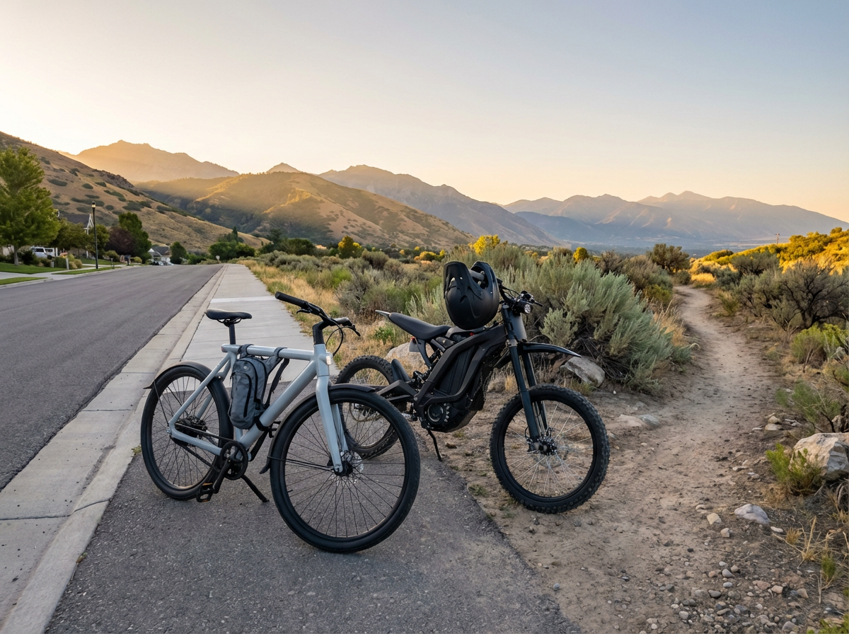 Electric bicycle and electric dirt bike parked side by side where a quiet Utah neighborhood street transitions into a foothills trailhead at golden hour.