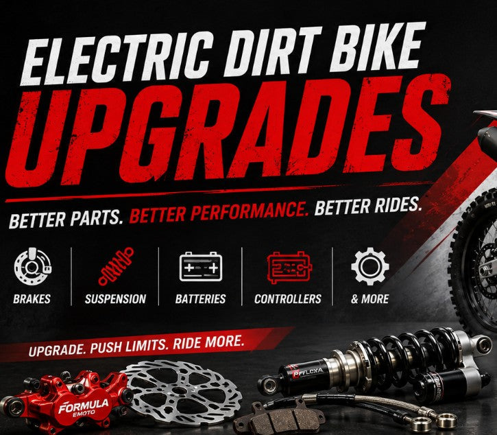 Electric dirt bike performance upgrades including brakes, suspension, battery, controller and tires