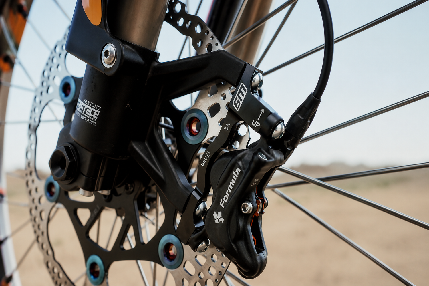 Formula EMoto Brakes upgrade for electric dirt bikes featuring premium 4-piston stopping power