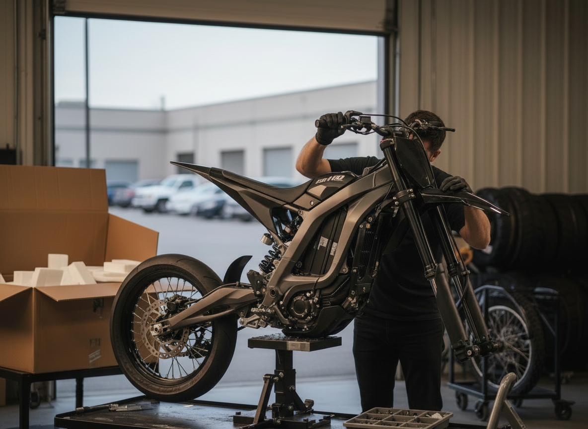 Mechanic assembling a new electric dirt bike (e‑moto) on a service stand in a workshop, with boxes and a parking lot visible through the open bay door.