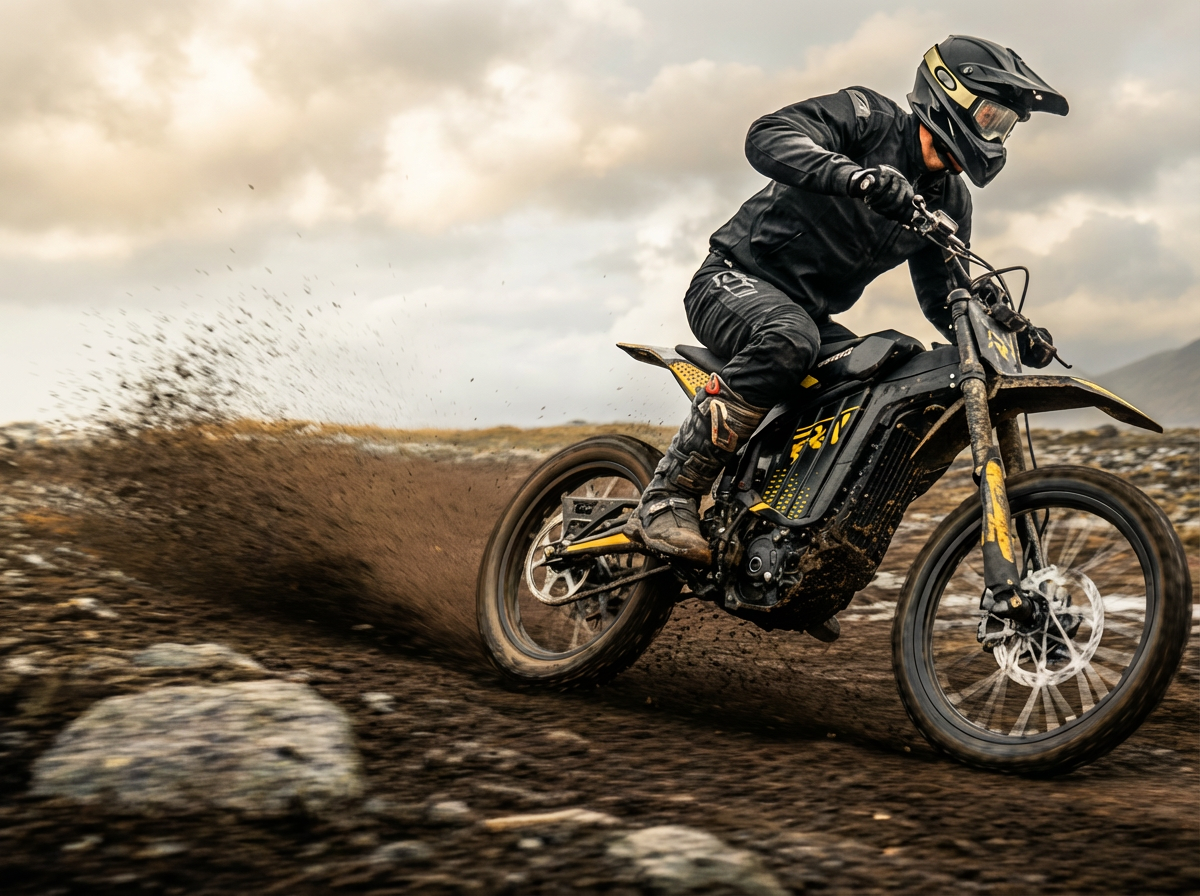 Rider on an electric dirt bike kicking up dirt on a rocky Utah trail with mountains in the background.