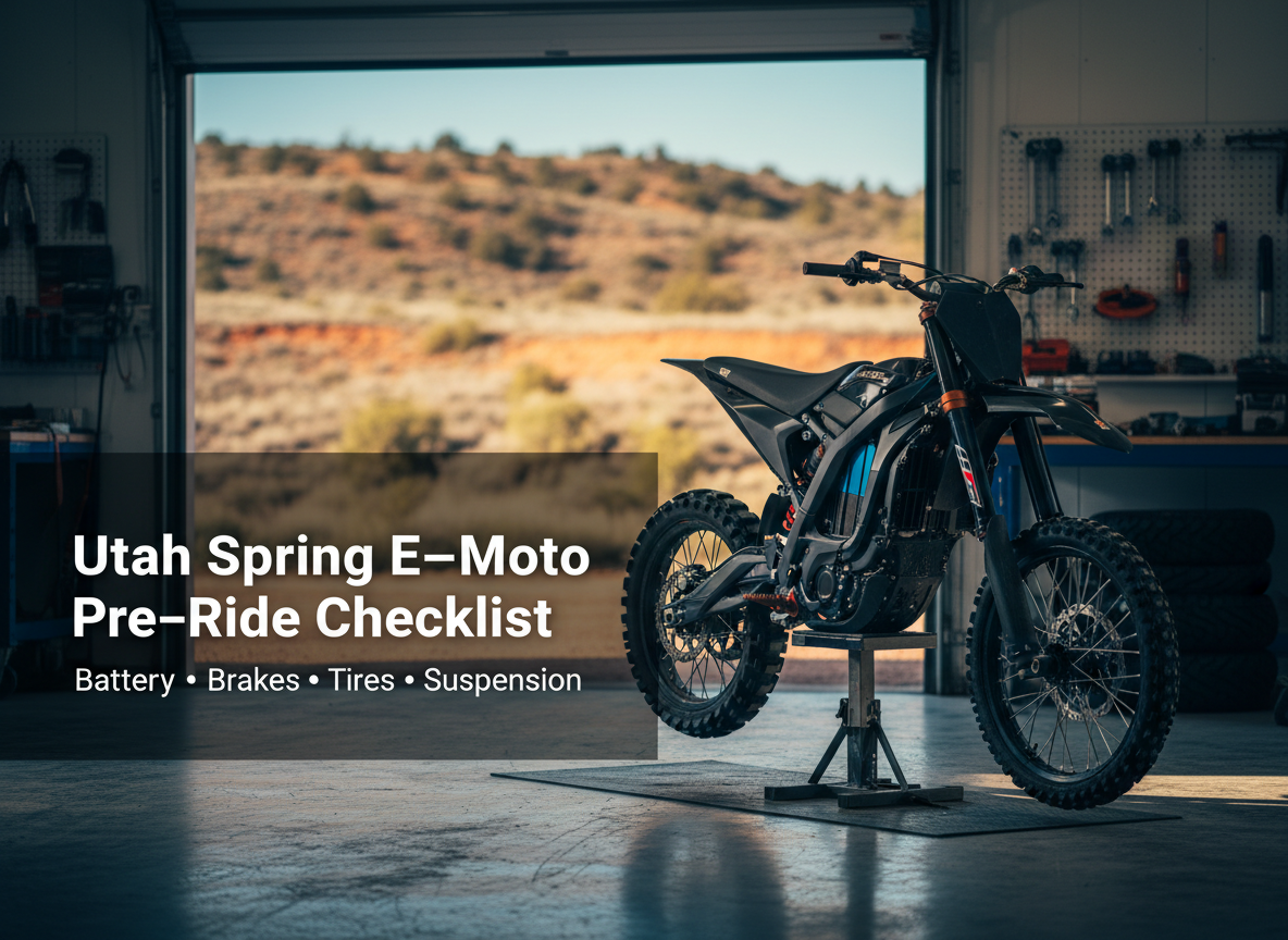 Electric dirt bike in a shop bay, spring morning light, prepared for a Utah trail ride.