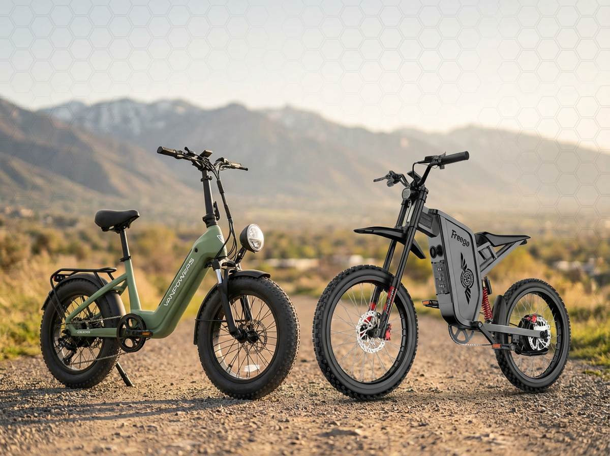VanPowers Cycanon and Freego X3 electric bikes side-by-side on a Utah foothills gravel trail background, hero image for a VanPowers vs Freego e-bike comparison guide.