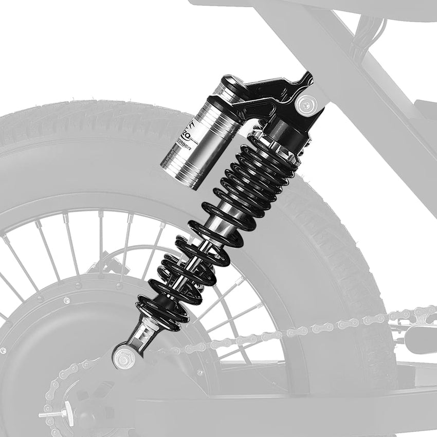 HappyRun silver and black rear shock installed on an e-bike