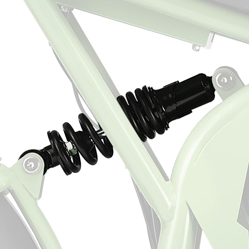 HappyRun black rear shock installed on a green e-bike frame