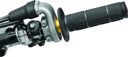 Close-up of motorcycle handlebar with throttle and grip on a white background