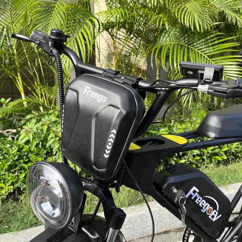 Freego E-Bike Waterproof Front Bag mounted on handlebars of a Freego e-bike