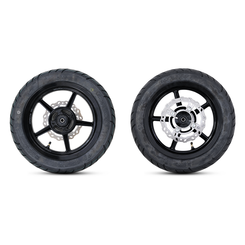 Valtinsu EM-5 street tire set, front and rear wheels side by side