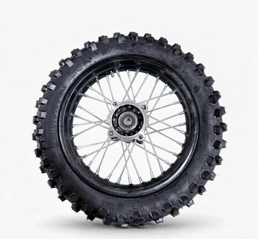 Valtinsu EM-5 rear knobby off-road tire mounted on a spoked wheel