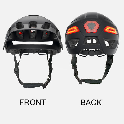 Freego Smart Bike Helmet, front and back views showing the rear LED light
