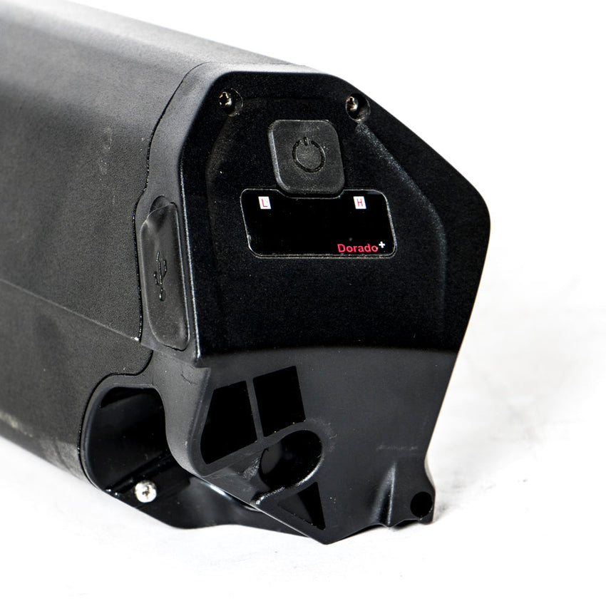 Eunorau FAT-HD battery close-up of lock and power indicator