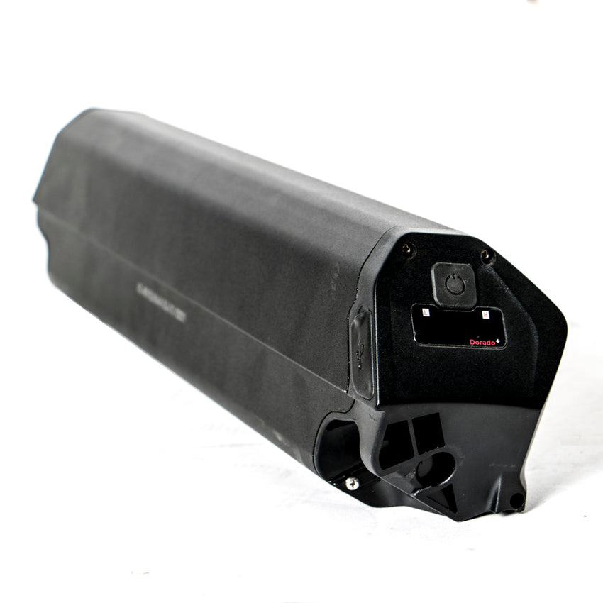 Eunorau FAT-HD 48V battery, rear three-quarter view showing key lock and mount