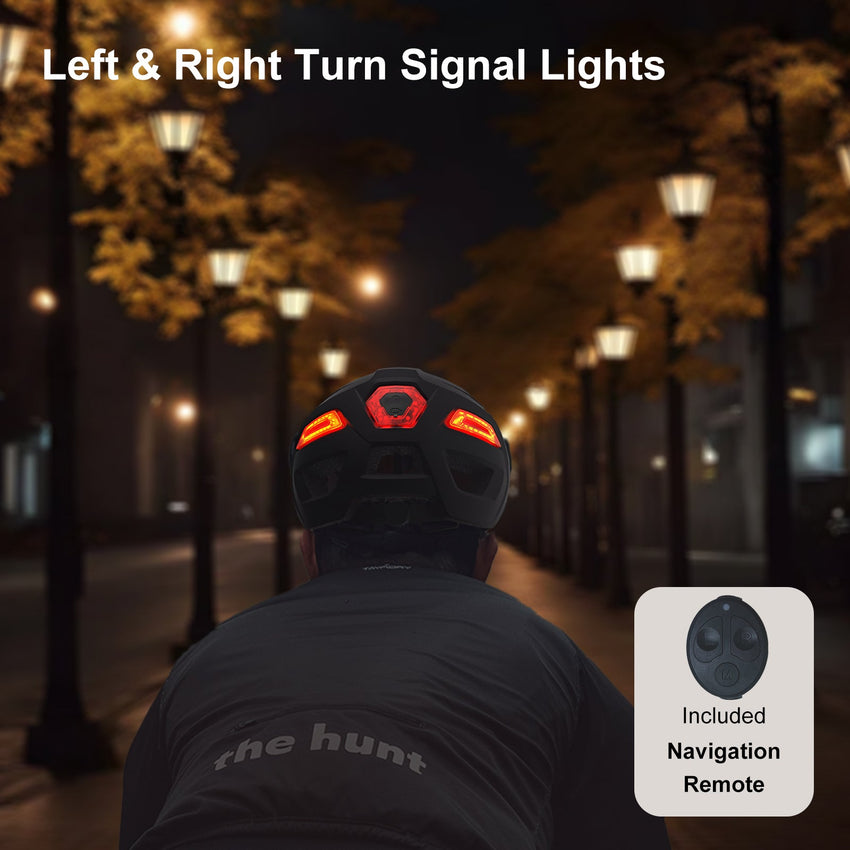 Freego Smart Bike Helmet showing left and right turn signal lights at night