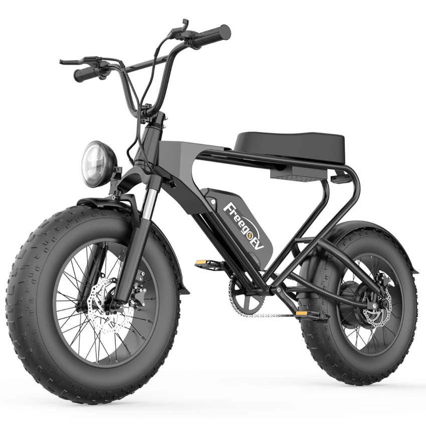 Freego DK200 fat tire e-bike in black, front three-quarter view
