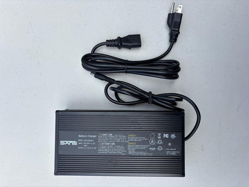 GhostCat Charger 60V F4X, black charger brick with AC cord, top view