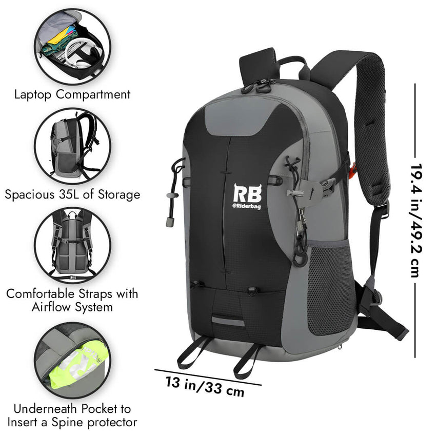 Riderbag Reflective Backpack. Bike, Hiking, and Motorcycle Backpack (Black) Adult Unisex, Size: 35 Large