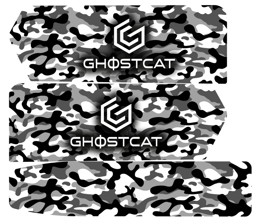 GhostCat Battery Decals 20Ah, Black & White Camo, three-piece wrap with logo