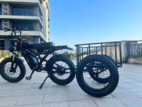 Freego Cargo Rear Trailer hitched behind a fat tire e-bike, rear angle