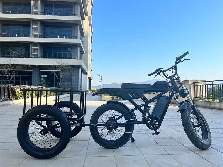Freego Cargo Rear Trailer with e-bike, full side view outdoors