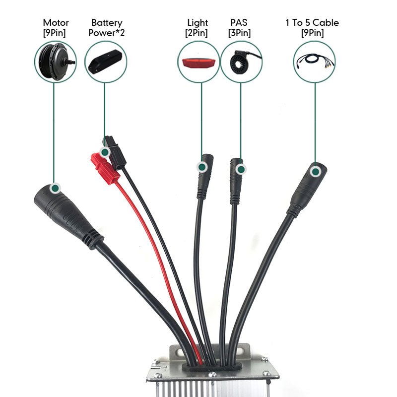 Freego eBike Brushless DC Motor Controller connector diagram for motor, battery, light and PAS