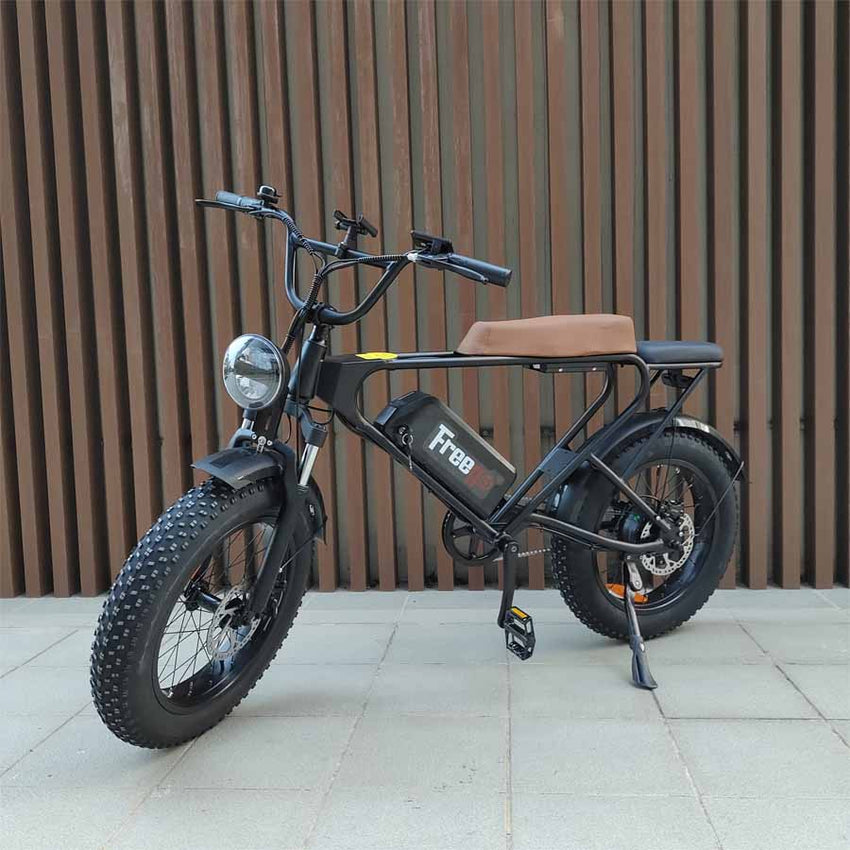 Freego DK200 fat tire e-bike parked by a wooden slat wall