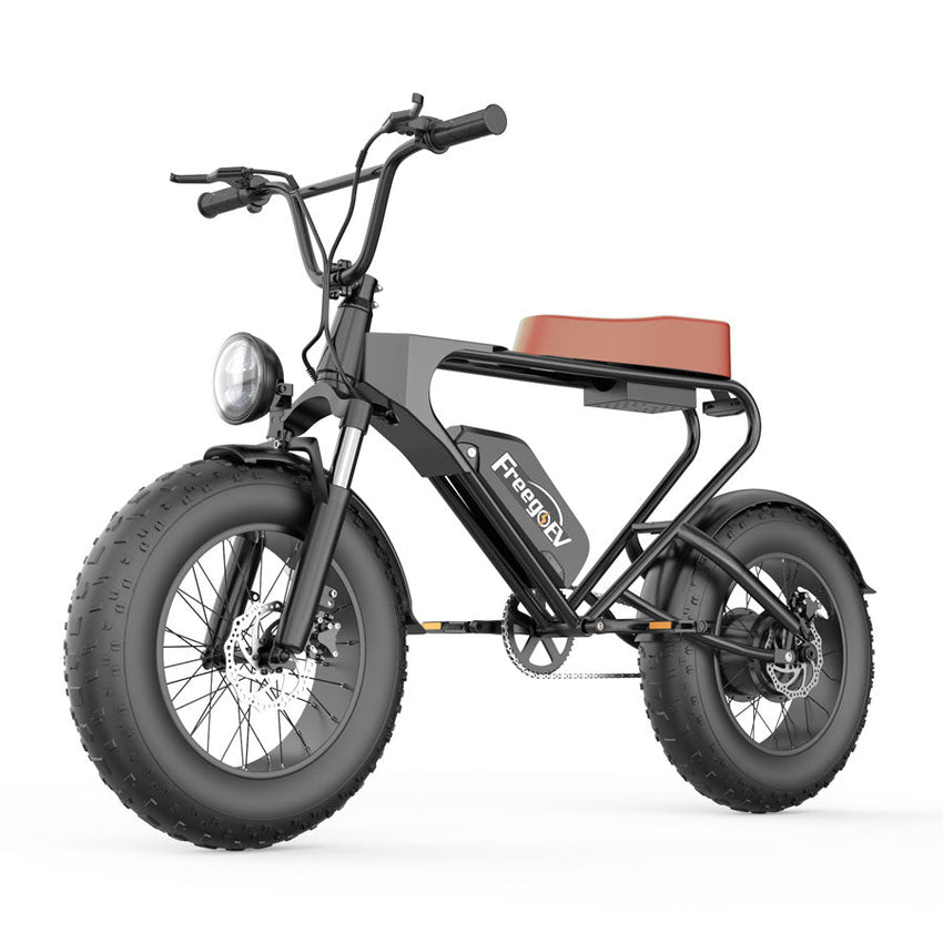 Freego DK200 fat tire e-bike, left side profile with tan seat
