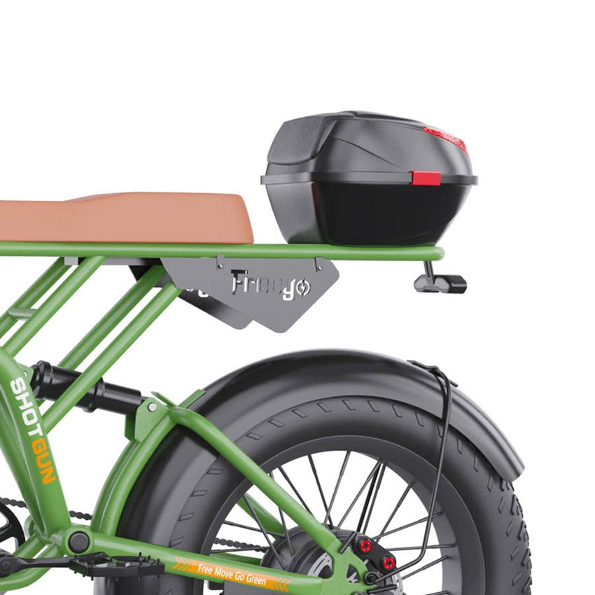 Freego Electric Bike Rear Trunk mounted on a green e-bike rear rack