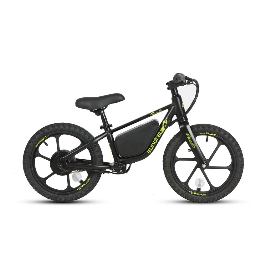 Eunorau EKIDS16 electric balance bike in Obsidian black, side view