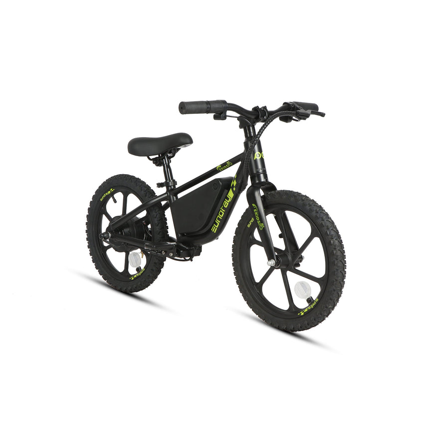 Eunorau EKIDS16 Obsidian electric balance bike, front three-quarter view
