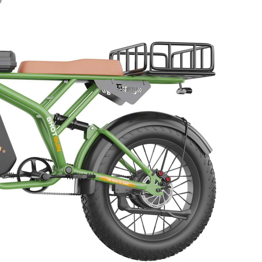 Freego Foldable Rear Cargo Rack mounted on a green e-bike behind the seat
