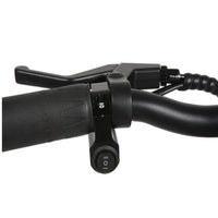 Close-up of black bicycle handlebar with control levers and switch on a white background