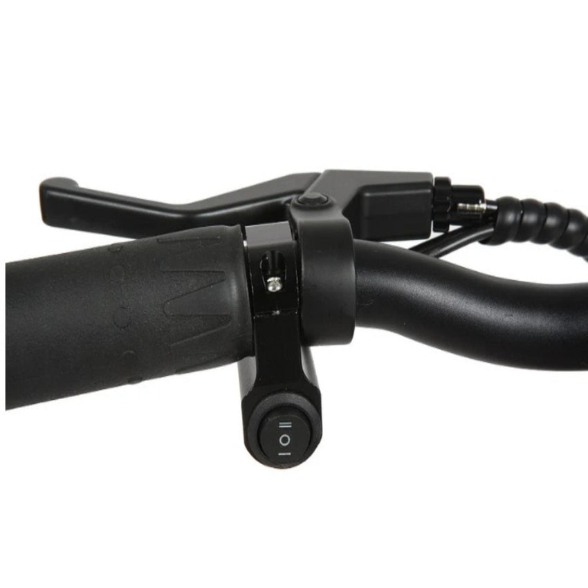 Close-up of black bicycle handlebar with control levers and switch on a white background