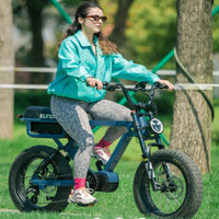 Eunorau Flash moped-style e-bike saddle and passenger peg detail