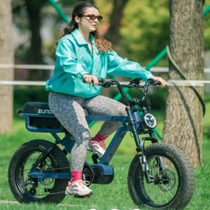 Eunorau Flash moped-style e-bike saddle and passenger peg detail