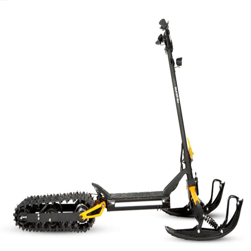 Eunorau ICEX snow electric bike three-quarter view showing snow track and ski front