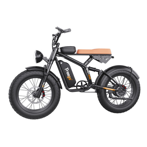 Freego F1 fat tire e-bike in black, side profile with tan seat