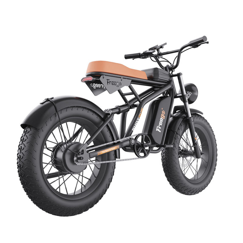 Freego F1 fat tire e-bike, rear right view showing hub motor