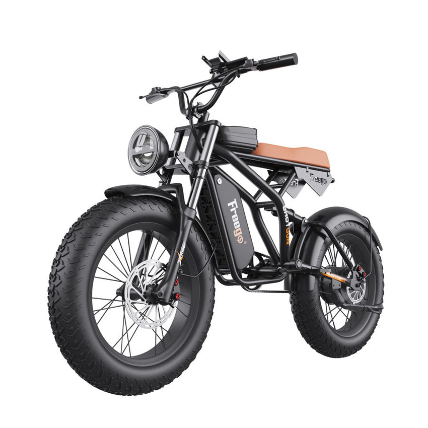 Freego F1 fat tire e-bike in black, front three-quarter view with headlight