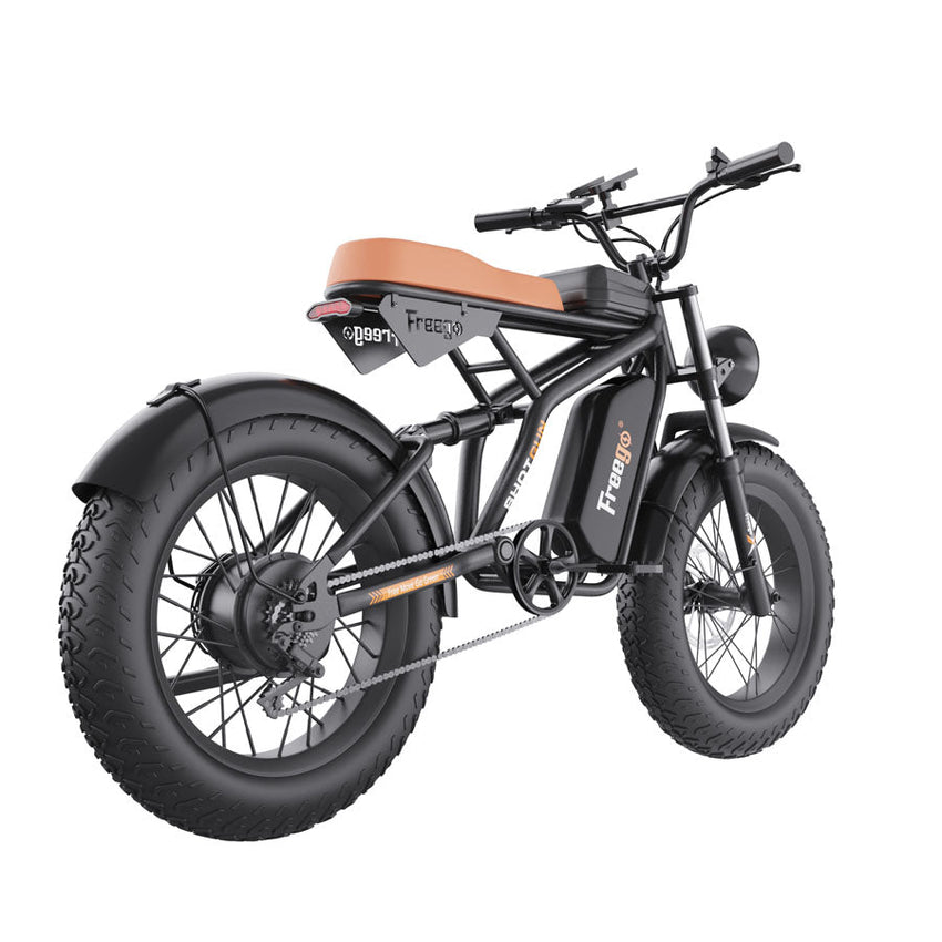 Freego F1 Pro fat tire e-bike, rear left view showing hub motor