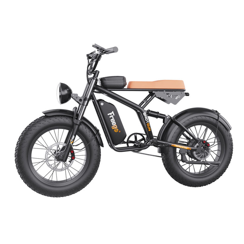 Freego F1 Pro fat tire e-bike, left side profile with tan seat