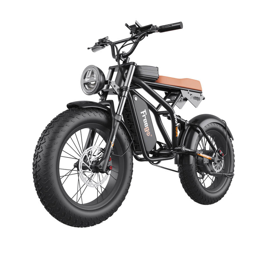 Freego F1 Pro fat tire e-bike, front three-quarter view with round headlight