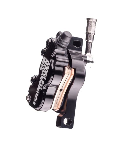 Formula EB7 front brake caliper detail – precision-machined alloy body with anodized finish