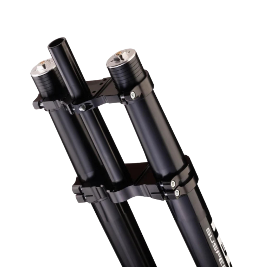 Formula Tech E39 eMoto forks three-quarter view – compatible with Sur-Ron, Talaria, and Rerode