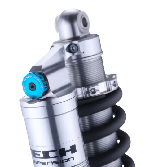 Formula Tech Talaria rear shock close-up – precision piggyback reservoir, fits Talaria electric dirt bikes