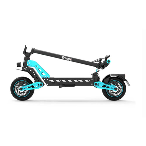 Freego C10 full suspension e-scooter three-quarter view showing dual suspension design