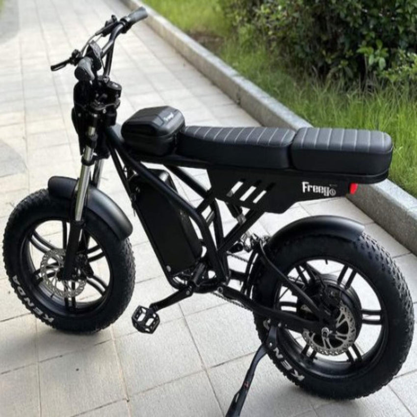 Freego F2 Pro Max Prime 60V electric bike three-quarter front view showing dual seat design