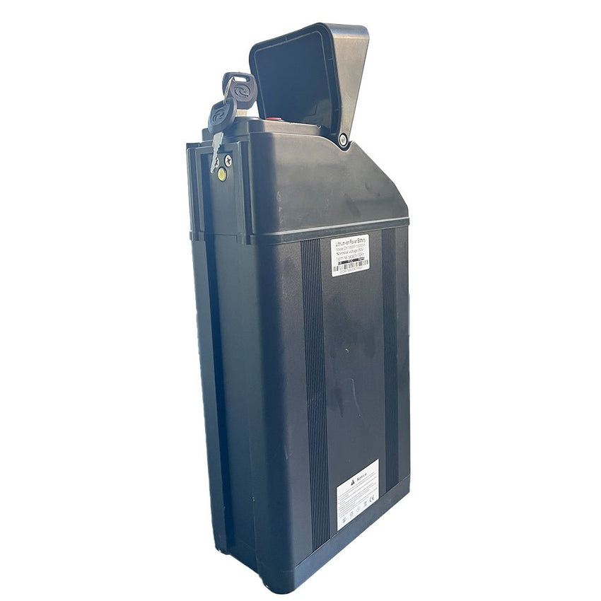 Freego Lithium Battery for X-Man & Nova Series, tall dark pack with lid open, front angle