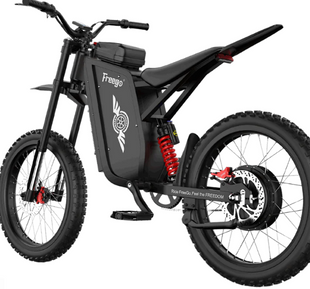 Freego X3 72V electric moto three-quarter front angle showing fork and aggressive stance