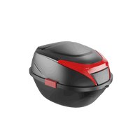 Freego Electric Bike Rear Trunk, black top case with red trim, angled view